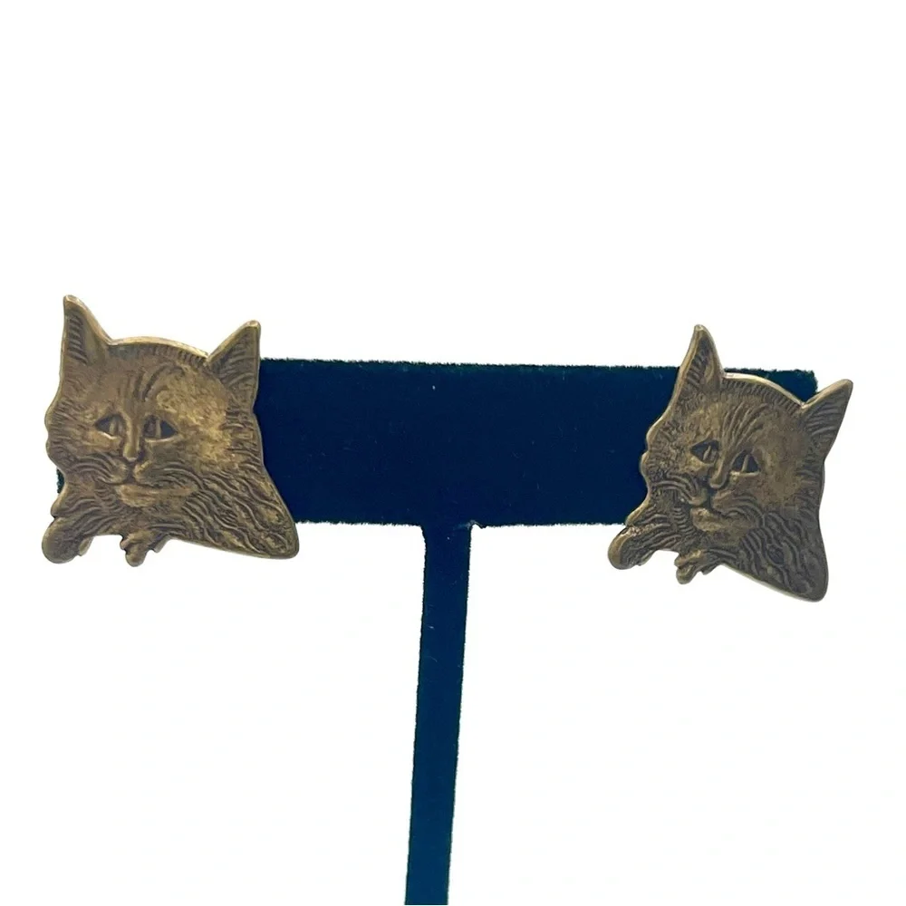 Vintage Gold Tone Cat Face Stud Earrings for pierced ears.